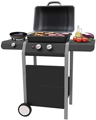 Bakaji Barbecue a Gas 2 Fuochi Bruciatori Griglia BBQ con Piano e Fornello Laterale Ruote e Ripiano Inferiore Grill 5kw Area di Cottura 46 x 34 cm per uso Esterno Giardino Terrazzo (Barbecue)