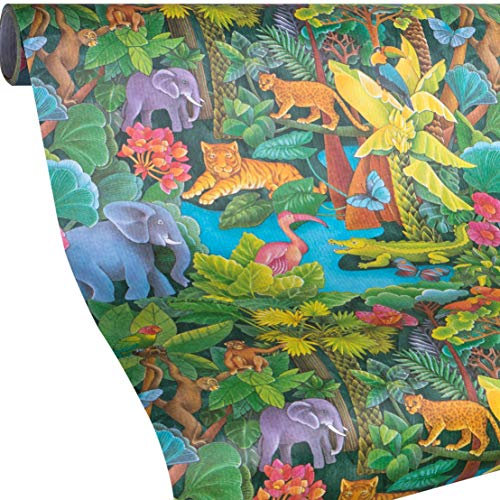 DSCHUNGEL Geschenkpapier Urwald - 5 Meter Rolle Reißfest - Für Mädchen & Jungs - Kindergeburtstag, Ostern, Einschulung, Weihnachten
