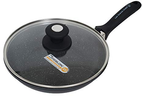 Les Grands Chefs Professionnel – Poêle Pierre revêtement antiadhésif renforcé 3 couches GREBLON C3+ Technologie Allemande Sans PFOA - Inclus Manche Amovible, Couvercle et Disque anti-rayures (28 CM)