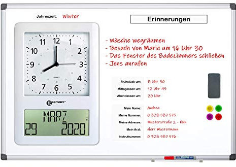 Geemarc Viso Memoday - Abwischbare, magnetische Erinnerungstafel mit integrierter Analoguhr - Ideal für Seniorenheime und Seniorenwohnheime