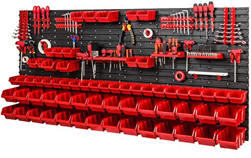 PAFEN Lagersystem Werkstattregal 1728 x 780 mm - Wandregal mit Werkzeughalterung und 64 Rot Stapelboxen - Wandplatten Schüttenrega