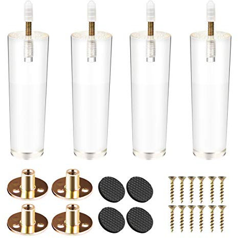 Btowin Lot de 4 Pieds de Meubles Coniques en Verre Transparent de 15 cm avec boulons M8 pré-percés 5/16, plaques de Montage et vis pour Armoire, canapé, lit, Table Basse