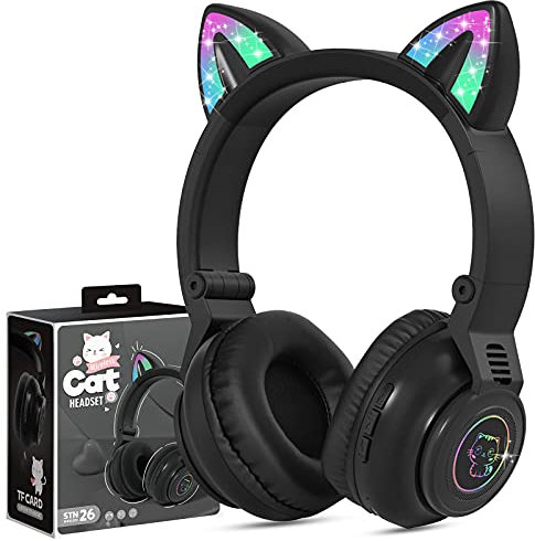 Kopfhörer Kinder Bluetooth, Katzenohren Kabellos Kopfhörer für Kinder mit LED, Kinder Kopfhörer Bluetooth mit Kabel ab 3 4 5 6 7 Jahre, Over Ear Kids Headphones für iPad/Tablet/Schule