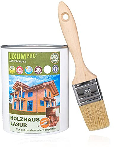 LIXUM 100% Biologische Holzhaus & Blockhaus Lasur - Wetterschutz für Holzhäuser, Farbe:Grau 0.80, Inhalt:12 Liter (ca.300m²), inkl. Zubehör:Pinsel