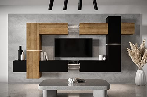 Furnitech Wohnwand Wohnzimmer - Wohnzimmer Möbel mit LED RGB - 16 Farben - Hängend Wohnwand Modern - Wohnzimmer Schrankwand mit Regale und TV Schrank (AN91NEW-21DZB-M13)