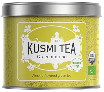 Kusmi Tea - Vert Amande Bio - Mélange Biologique de Thé Vert Aromatisé à l'Amande - Thé Vert Aromatisé - Boîte en Métal 100g - Quantité pour environ 50 Tasses