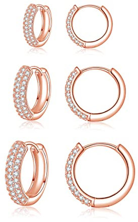Zolkamery Creolen Silber Damen Ohrringe, 3 Paare 925 Sterling Silber Creolen Ohrringe Set mit AAAAA Zirkonia, Silber Klein Unisex Schlafen Kreolen Ohrringe, Rose Gold Creolen Ohrringe Set in 9 11 13mm