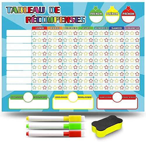 MARKETIFAR Tableau Recompense Enfant - 3 Feutres et Brosse Inclus - Tableau Magnétique de Motivation pour Bon Comportement avec Taches en Français - Garçon et Fille