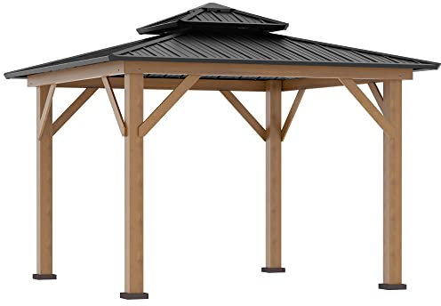 Outsunny 3.5 x 3.5m Outdoor Hardtop Gazebo Canopy with Two-tier Metal Roof and Solid Wood Frame Outdoor Patio Shelter for Patio, Garden, Grey