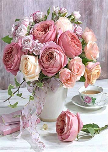 Meecaa Kreuzstich-Set, 11-fädig, geprägt, rosa Blumen-Rose, Stickset mit Zubehör, vorgedruckt (36 x 46 cm) (Blume)