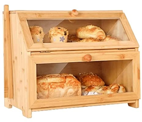 LIOONS Hochwertiger Brotkasten, doppelter Brotkasten aus Holz, große Kapazität, Brotaufbewahrung mit Glasfenster, Brothalter