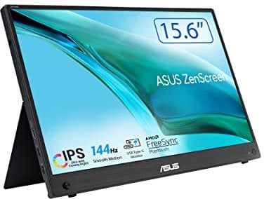 ASUS ZenScreen MB16AHG - Monitor portátil de 15,6 FHD (1920 x 1080), IPS, 144Hz, USB-C, Mini-HDMI, Freesync Premium, peana ergonómica, soporte para trípode, sin parpadeos, luz azul de baja intensidad