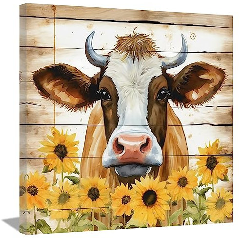 LZIMU Mucca con Girasole Stampe su Tela Divertente Bovino Quadri Rustico Animali da Fattoria Sfondo in Legno Decorazione da Parete Poster Moderno Incorniciato (30x30cm)
