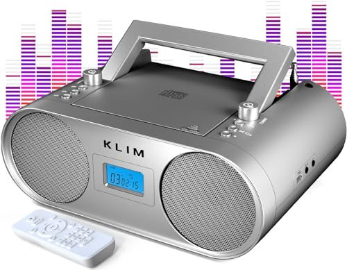 KLIM Lettore CD Stereo Boombox B4 - AM/FM Radio con Lettore CD e USB, Bluetooth, AUX - Stereo casa - Filo o Wireless - Batteria ricaricabile, Telecomando, Standby automatico, EQ Digitale - Argento