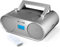 KLIM Boombox B4 Poste Radio CD Portable + Radio AM/FM, CD, Bluetooth, USB, MP3 + Mode Filaire et sans Fil avec Piles Rechargeables + Télécommande, Mode Veille Auto + Lecteur CD Portable + Argent