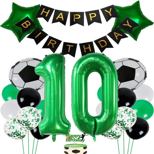 ZWWsullo Fußball Luftballon 10 Jahre Geburtstag Deko Grün Fussball Deko Geburtstag Kinder Fußball Luftballon Tortendeko Happy Birthday Girlande Deko BallonsGeburtstagsdeko Fussball Set