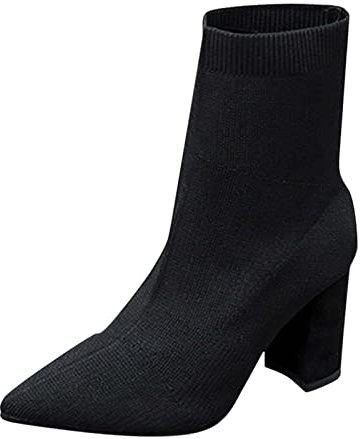 AaaozKjie Stivaletti da donna stivaletti da donna con tacco spesso, tacco medio, calze in rete, stivali traspiranti e confortevoli, copertura tinta unita, stivali invernali da donna, Nero , 37 EU