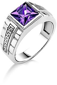 BySilverStone Jewelry Gravierter Mäander-Herren-Amethyst-Ring Aus Sterlingsilber, Männlicher Versprechensring Mit Quadratischem Amethyst, Lila Stein-Modering Für Männer