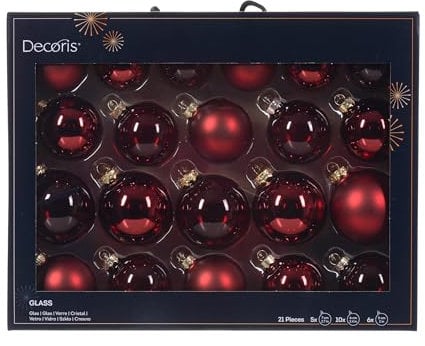 Decoris Weihnachtskugeln Glas 5-7cm 21er Set - matt & glänzend & transparent - Christbaumkugeln Weihnachtsbaumkugeln für Weihnachtsbaum - Kerstbal Glas d7 cm obld Ass 21st kerst Ochsenblut