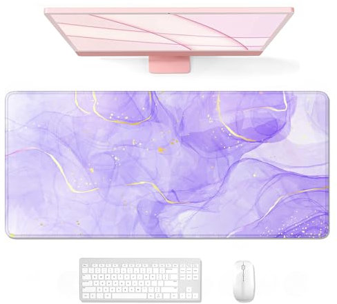 Auhoahsil Stor musmatta, XXL, för spel, skrivbordsmatta, tjockt gummi, stor och lång storlek, sydda kanter, full, för laptop och dator, utökad, 90 x 40 cm, lila och guldfärgad marmor