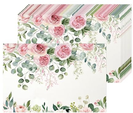 50 Tovagliette di Carta Rose USA e Getta - 40 x 28 cm, per Nozze, Feste, Vacanze, Interni, Esterni, Sala da Pranzo - Motivo Eucalipto