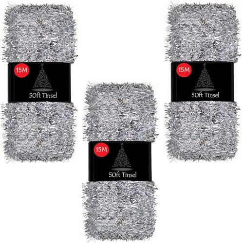 SKYTE® 50ft Tinsel Garland For Christmas Tree Decorations Xmas Thick Metallic Sparkly Foil Long Wide Stairs Crafts (Silver)