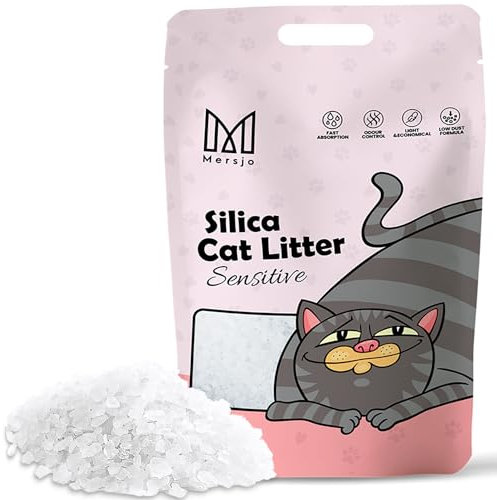 MERSJO Sensitive Premium Silikat Katzenstreu - Natürlich, Geruchsfrei, Komfortabel für Empfindliche Katzen, Staubfrei, Klumpenfrei, Absorbiert Gerüche, verhindert Bakterienwachstum, 3.8L