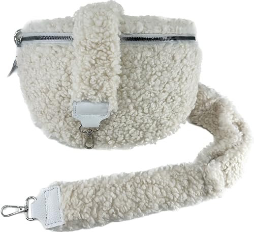 J26 Teddyfell Gürteltasche Crossbody Bauchtasche Umhängetasche Gurt Unifarbe (Weiss)