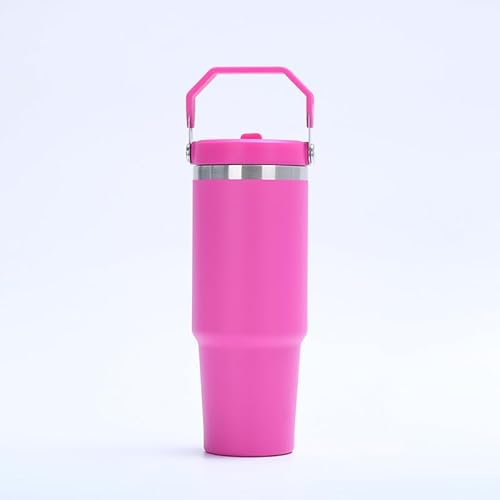 Gerrit 30 oz Stainless Steel Tumbler with Flip Straw & Handle, Insulated Double Walled Water Bottle for Home, Office, Car, Leak Proof, Reusable Cup 2-in-1 Straw & Sip Lid Women Men (Hot Pink)