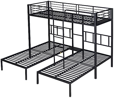 Azkoeesy Metall Etagenbett 90 x 200 für 3 Erwachsene, Dreibett, Stockbett, Gästebett, schwarz - N622T653567S