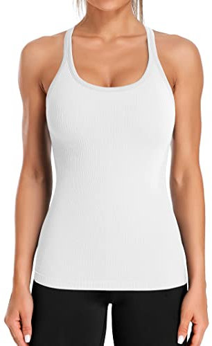 Attraco Sport Tank Tops Damen Built-in BH Workout Tanktop Racerback Yoga Atmungsaktives Shirts Sportshirt Training Jogging Running Shirt Ärmellose Top Weiß M