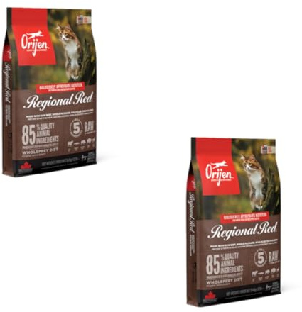 Orijen Cat Regional Red | Doppelpack | 2 x 340 g | Alleinfuttermittel für ausgewachsene Katzen | 85% hochwertige tierische Zutaten | Überzug aus gefriergetrockneter Leber