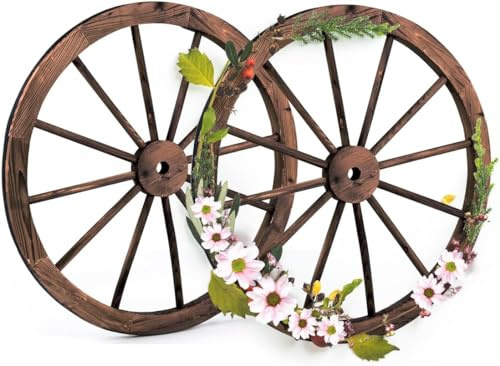 GOPLUS Juego de 2 Ruedas Decorativas de Madera Maciza Ø 76 cm | Decoración de Jardín con Placa de Hierro Marrón para Pared, Bar, Terraza y Restaurante, 76x76x3,5 cm