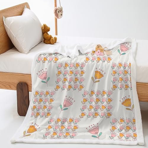 Plaid Fleurs Rose Orange Jeté de Canapé Flanelle et Laine Agneau Couverture Laine Conception Recto-Verso Plaid Canape Mou Plaid Polaire Soins Faciles Couverture Polaire 150x180cm