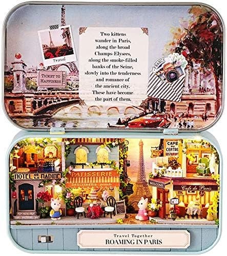 DIY Dollhouse Kit, Miniature 3D Theater Retro Tin Box, 6 Theme Theatre Models, with LED Light Creative Craft, Perfect Valentine's Day and Birthday Gift (Stroll in Paris)