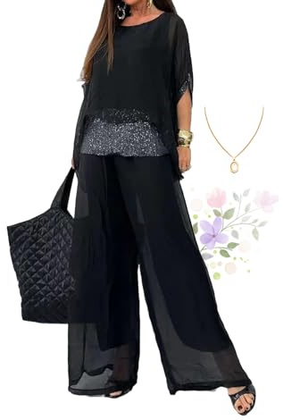 ZPLMIDE 2024 Sommer-Chiffon-Pailletten, lässiger Anzug für Damen, elegante Chiffon-Hose mit weitem Bein, zweiteiliges Set, Hosenanzüge für Damen, Hochzeit, Schwarz , L