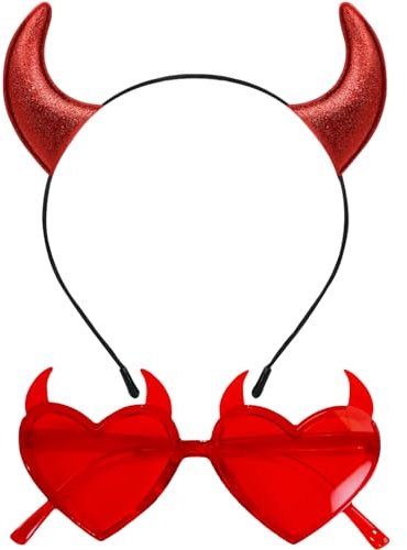 TAXTYHRE Bandeau Diable, 2pcs Accessoires Diable, Serre Tete Corne de Diable, Lunettes Diable, Oreille de Diable, Coiffe Halloween, Superbes Accessoires de Fête pour Halloween, Carnaval