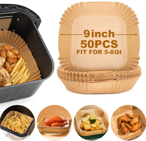 Einweg-Papiereinlagen für Luftfritteusen, 50 Stück, 22,9 cm, Pergamentpapierbögen, quadratisch, antihaftbeschichtet, Airfryer Korbeinlagen zum Backen, Braten, Mikrowelle (Unterseite 20,3 cm)