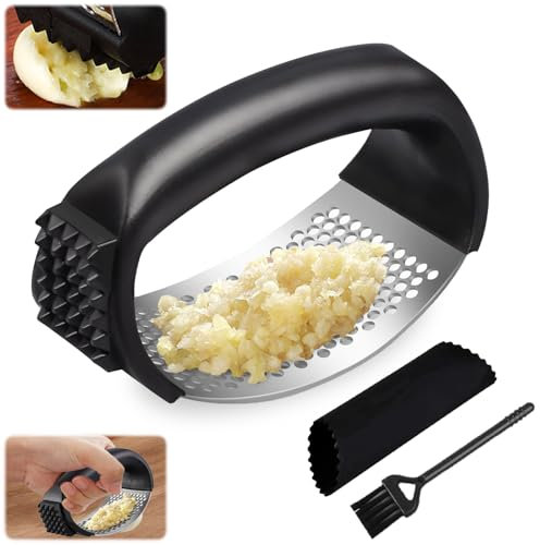 AOMAIGAD Presse Ail, Presse-ail, Presse ail en Acier Inoxydable, Presse à ail manuelle en acier inoxydable, avec Épluche-ail en Silicone et Brosse Nettoyante, pour Jambon à l'ail à Gingembre