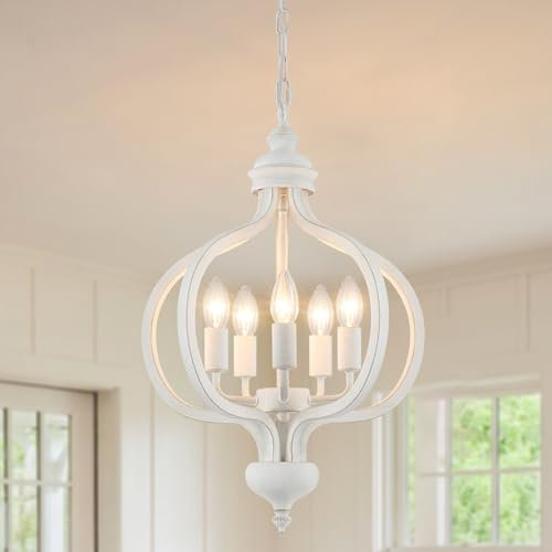 WTUOING Kronleuchter Vintage Weiß 5 Lichter Kronleuchter Modern Weiss Pendelleuchte im Landhausstil für Wohnzimmer, Schlafzimmer, Esszimmer, Flur, Shabby Chic Hängelampe mit Retro-Elementen
