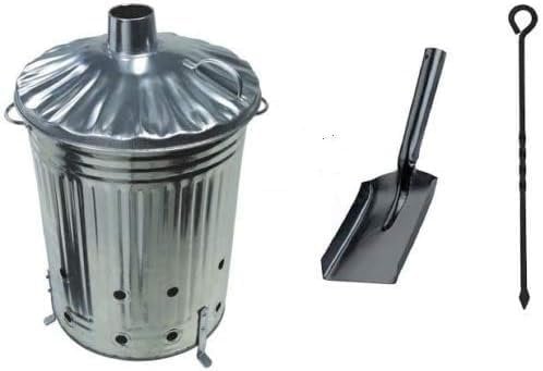 Unibos 15L Large Galvanized Metal Incinerator Fire Burning Bin with Lid + Free Ash Poker Fire Bin Burning Leaves Paper Wood Rubbish Dustbin New (15 INC + Shovel + Poker)
