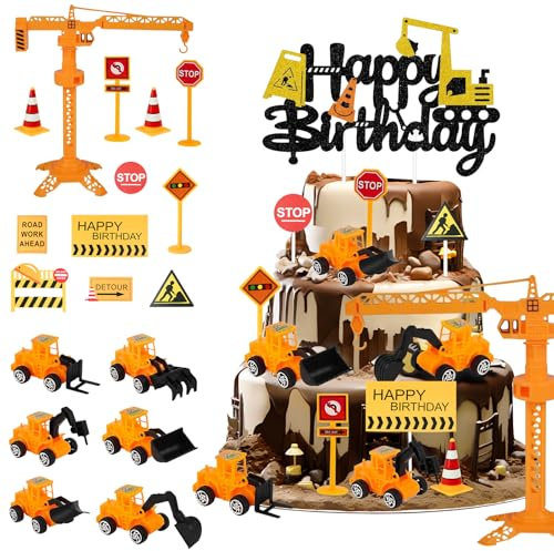 Huangzd 19 Stück Bagger Tortendeko mit Baufahrzeug, Kuchen Deko Baustelle Junge, Baufahrzeug Cake Toppers Kindergeburtstag, Happy Birthday Topper für Kinder Geburtstag Party Kuchen Dekoration (A)