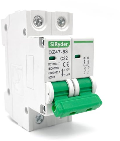 SiRyder 2P Interruttore Magnetotermico,1000V DC DZ47-63 Interruttore Automatico DC Miniaturizza Interruttore Automatico Miniaturizzato Protezione da Sovraccarico e Cortocircuito for Sistema Solare PV