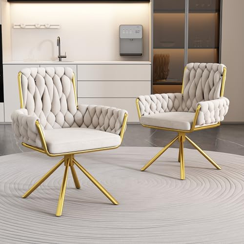 Merax Samt Esszimmerstühle Drehbar 2er Set, Gepolstert Sessel Küchenstuhl mit Armlehne, Freizeit-Drehstuhl mit Stützbeinen aus Metall, für Esszimmer Wohnzimmer Büro, Beige