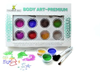 Body Art Tattoos Premium ECO Friendly Glitter Tattoo Kit with 8 Vibrant Colors, Long-Lasting Temporary Body Art for Kids & Adults, Easy to Apply