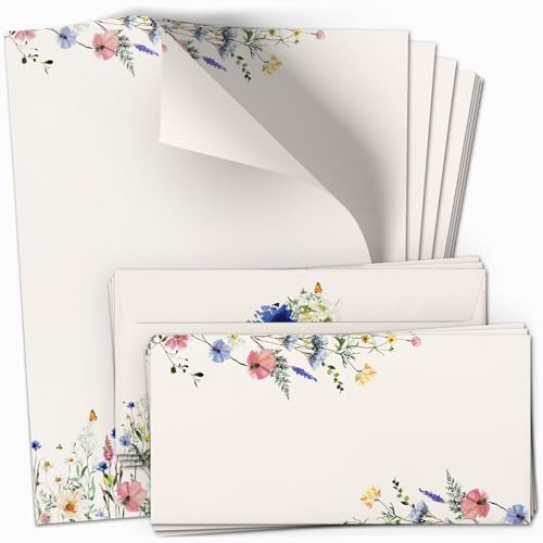 10 Briefpapier und Briefumschlag Set | Hell Beige Gelb Blumen Frühling | romantisches Papier und Umschlag mit floralem Blüten Design-Motiv bedruckt | 90 g/m²