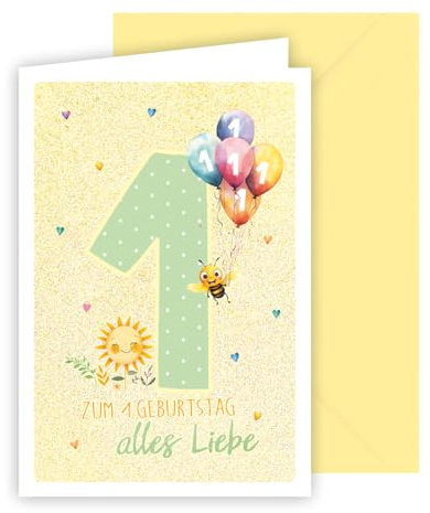 KE - Niedliche und Glitzernde Karte zum 1. Geburtstag eines Kindes - Vanille - Glimmereffekt - Geburtstagskarte - Motiv: Luftballons und Biene - 1. Geburtstag