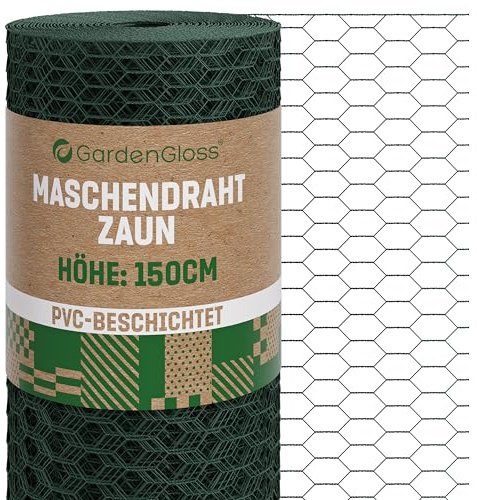GardenGloss Maschendrahtzaun PVC-Besch. - Feinmaschig 13x25 mm - 150cmx10m | Feinmaschiges Sechseckgeflecht - Für Hasen & Hühner - Witterungsbeständig - Für Kleintiere