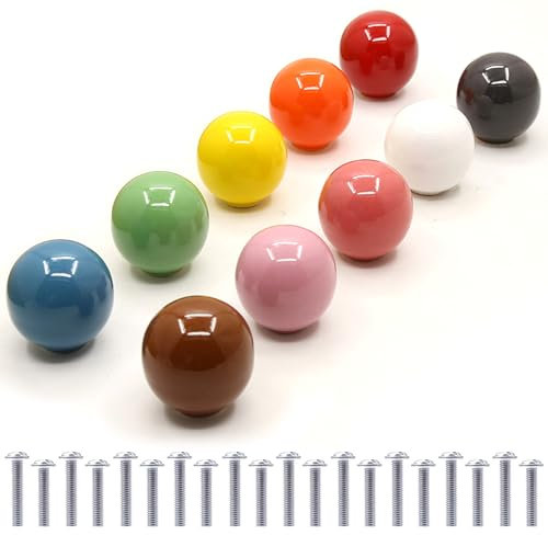 Auped Ceramic Knobs Cupboards Colourful Pack of 10 Ceramic Knob Handle, Smooth Ball, Furniture Knobs, Colourful for Kitchen, Children's Bathroom, Chest of Drawers, Cupboard, with Screws