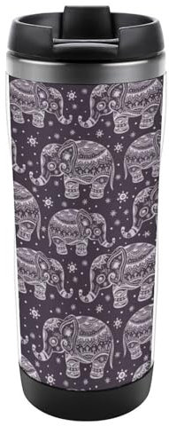 JZemdybill 13oz/380ml Stainless Steel Insulated Travel Coffee Cup, Cartoon Cute Elephant Travel Mug with Leakproof Lid, Non-Slip Bottom